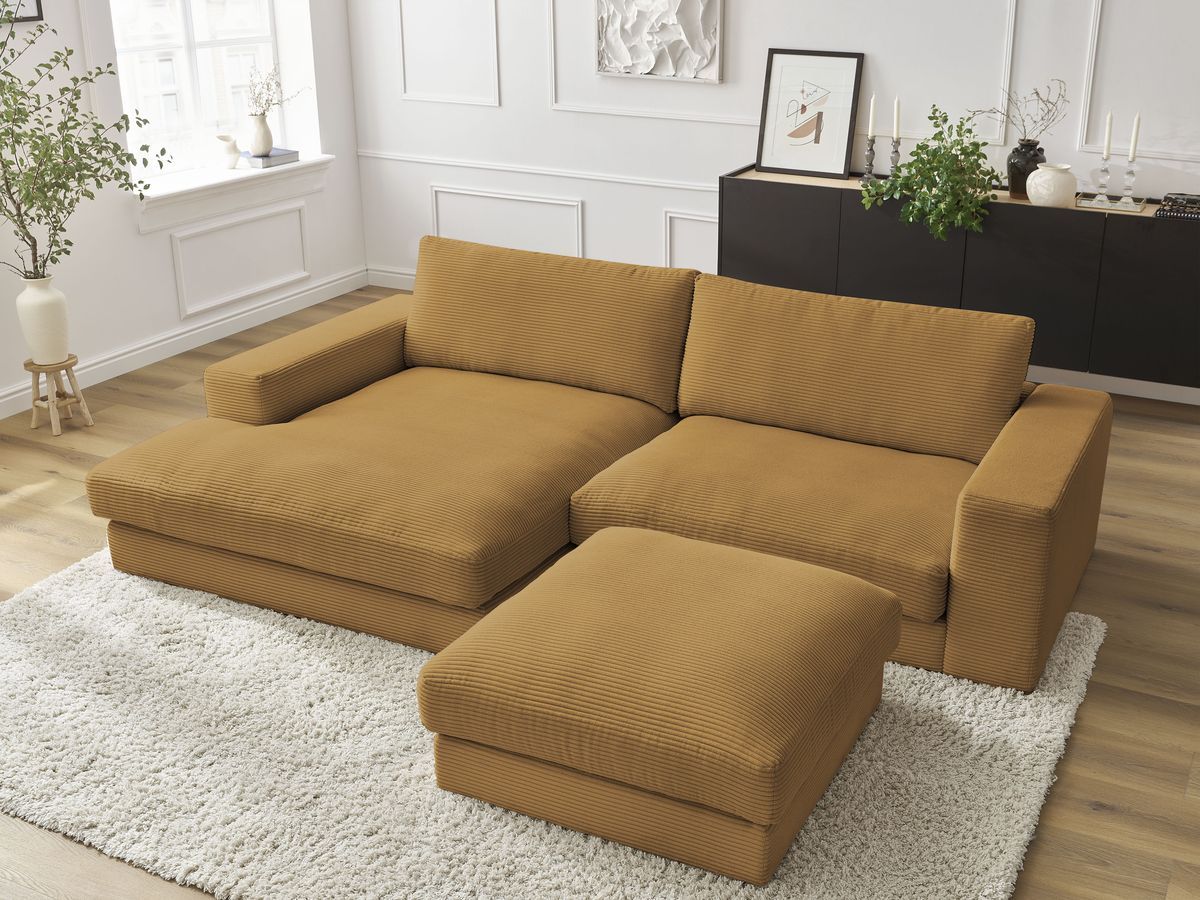 Canapé d'angle fixe LEONARD velours côtelé avec pouf jaune angle gauche BOBOCHIC 5 places - Vue supplémentaire 3