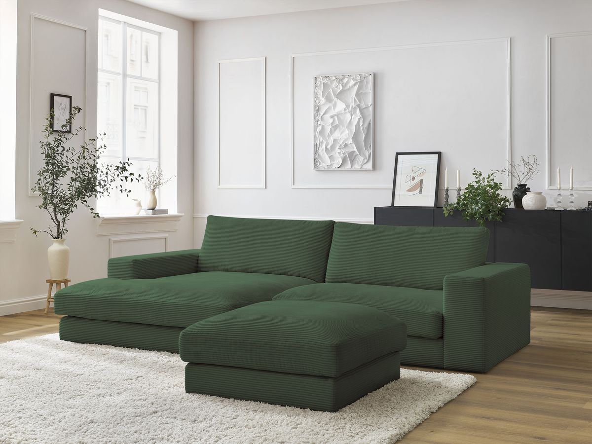 Canapé d'angle fixe LEONARD velours côtelé avec pouf