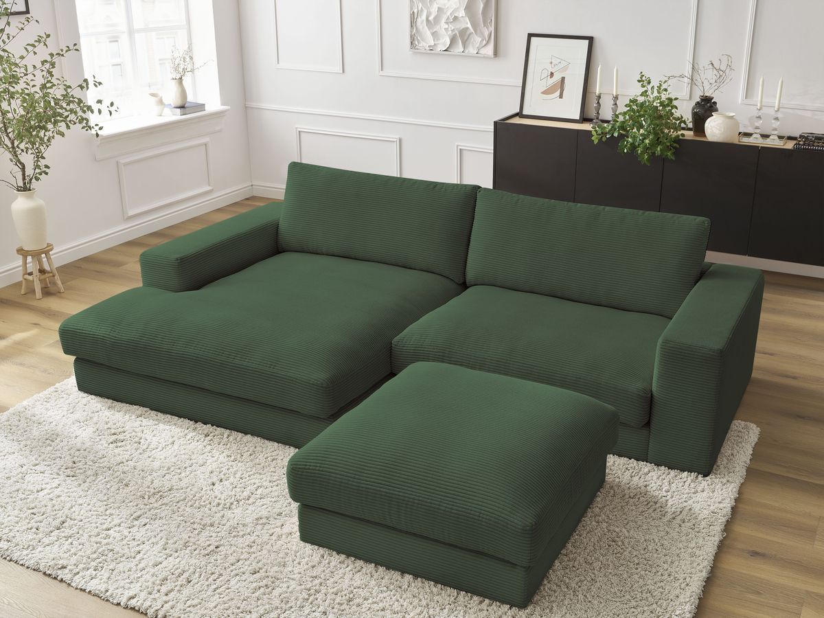 Canapé d'angle fixe LEONARD velours côtelé avec pouf vert foncé angle gauche BOBOCHIC 5 places - Vue supplémentaire 3