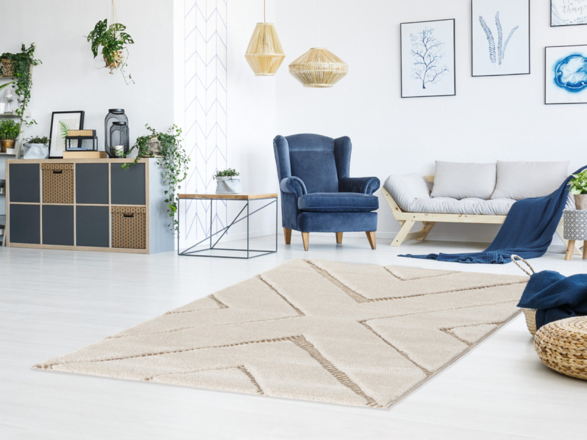 Tapis poils ras RACHIDA motif graphique beige — vue 6