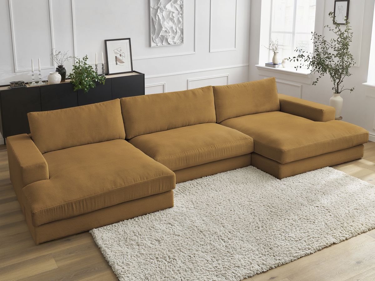 Canapé d'angle fixe EVEREST tissu chiné - Orange - Angle droit - 10 coussins