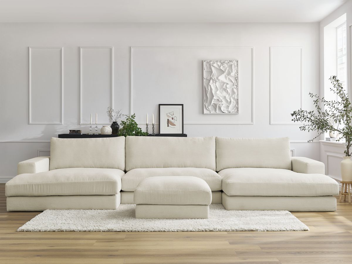 Canapé panoramique fixe LEONARD velours côtelé avec pouf
