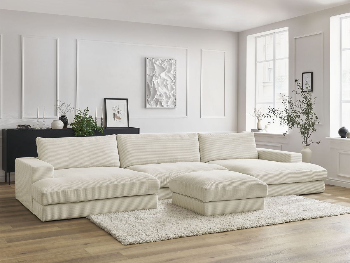 Canapé panoramique LEONARD velours côtelé avec pouf beige — vue 5