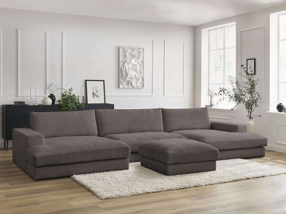 Canapé panoramique LEONARD velours côtelé avec pouf marron — vue 5