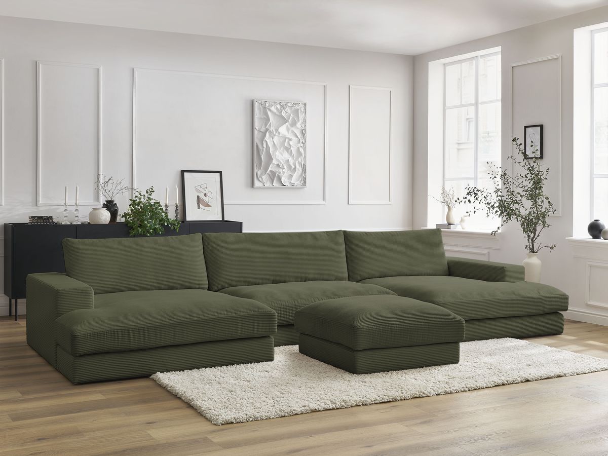 Canapé panoramique LEONARD velours côtelé avec pouf vert clair — vue 5