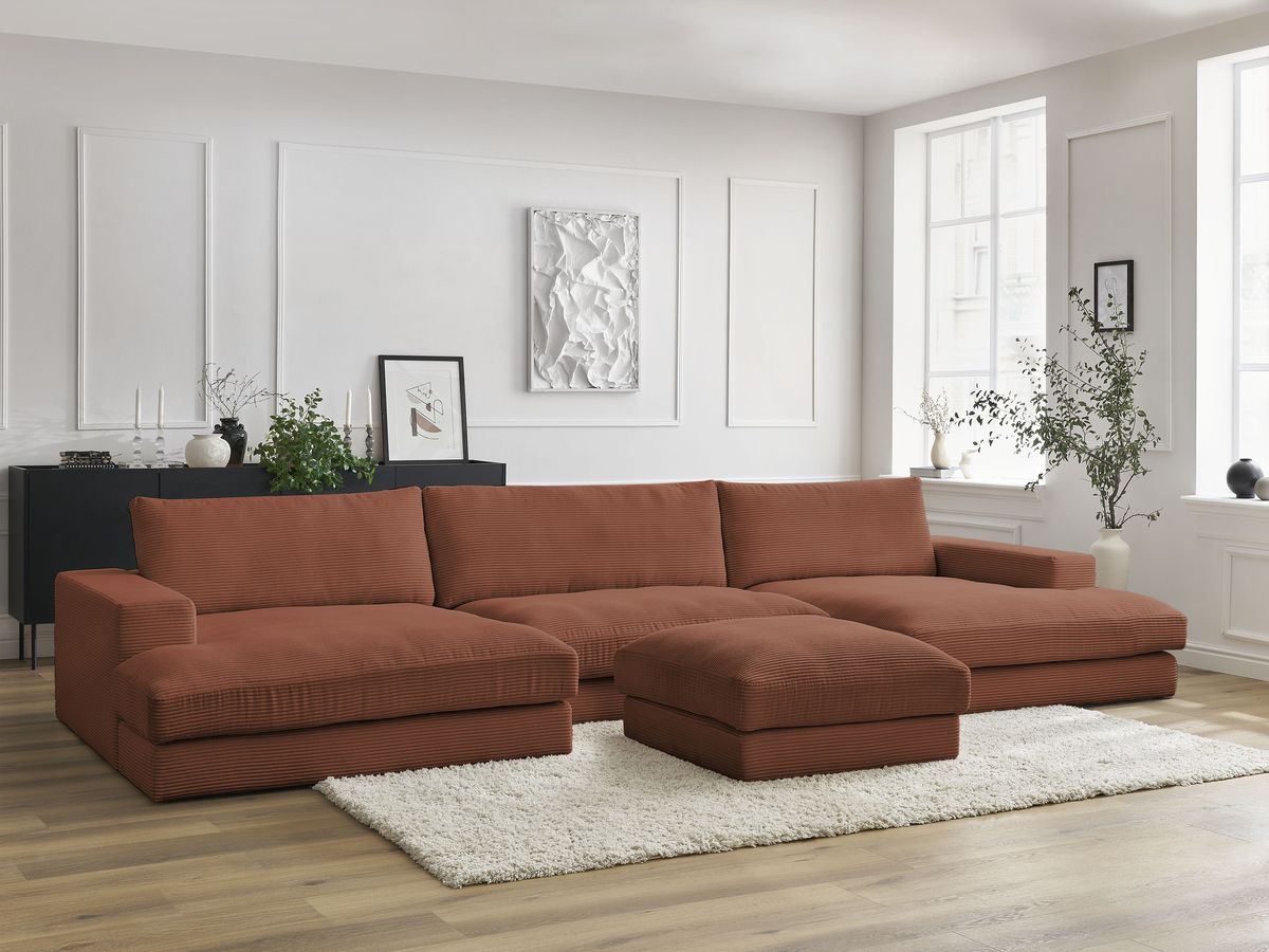 Canapé panoramique LEONARD velours côtelé avec pouf orange — vue 5