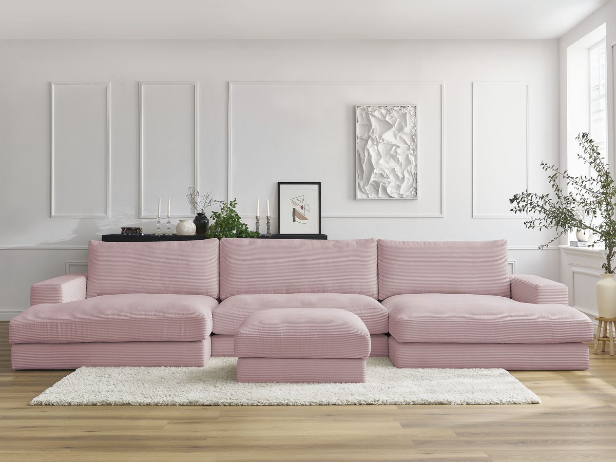 Canapé panoramique fixe LEONARD velours côtelé avec pouf