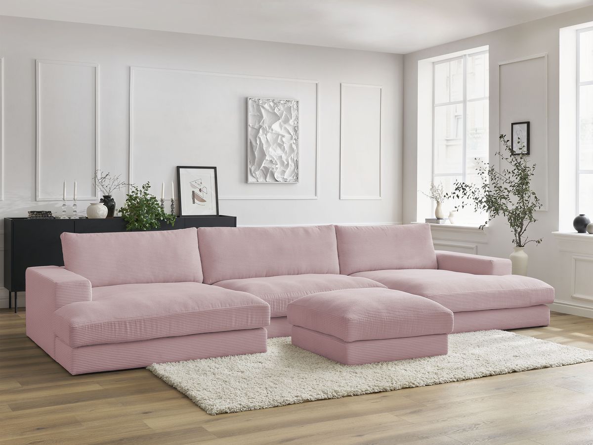 Canapé panoramique LEONARD velours côtelé avec pouf violet — vue 5