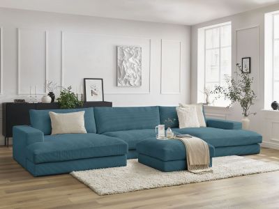 Canapé panoramique fixe LEONARD velours côtelé avec pouf