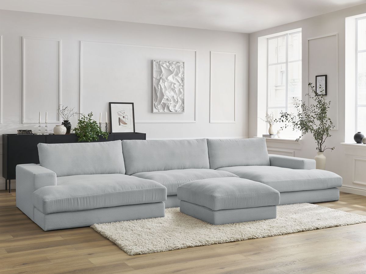 Canapé panoramique LEONARD velours côtelé avec pouf gris clair — vue 5