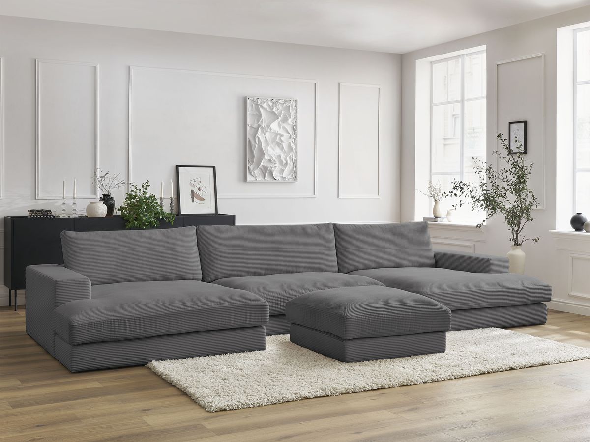 Canapé panoramique LEONARD velours côtelé avec pouf gris foncé — vue 5