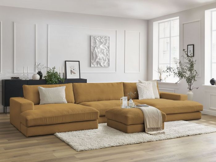 Canapé panoramique fixe LEONARD velours côtelé avec pouf