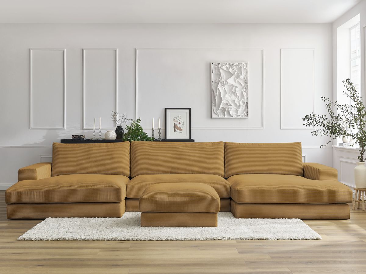 Canapé panoramique fixe LEONARD velours côtelé avec pouf
