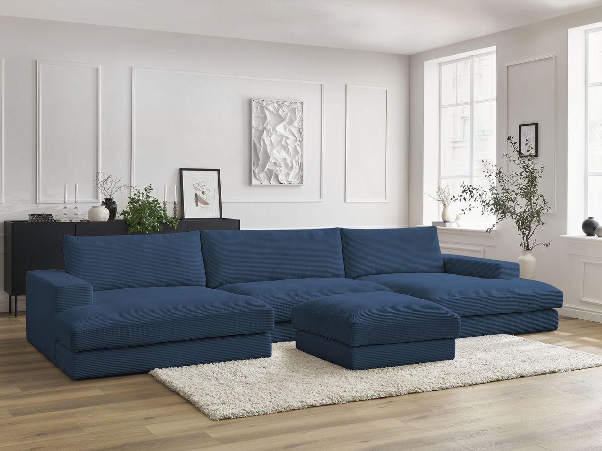 Canapé panoramique LEONARD velours côtelé avec pouf bleu foncé — vue 5