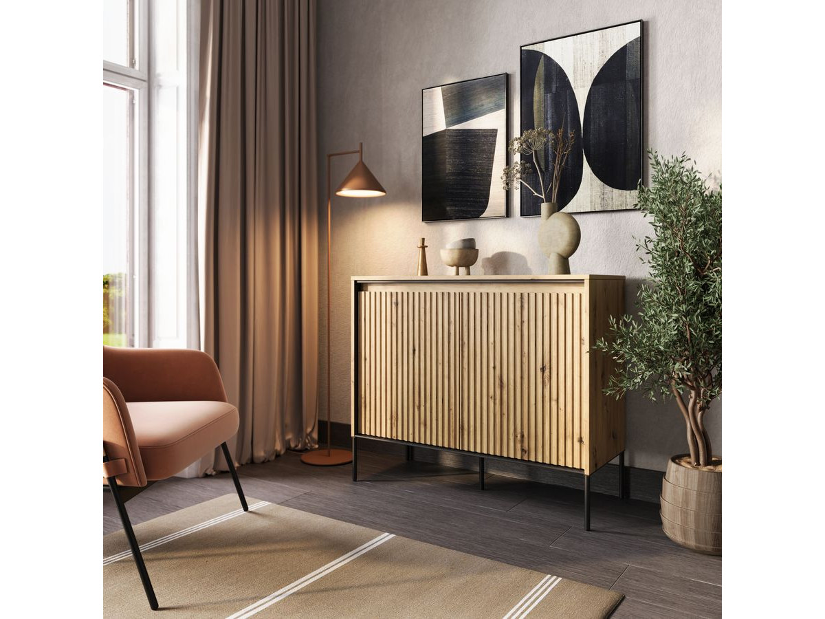 Buffet 2 portes 100 cm LENARA avec tasseaux et LED marron clair — vue 6