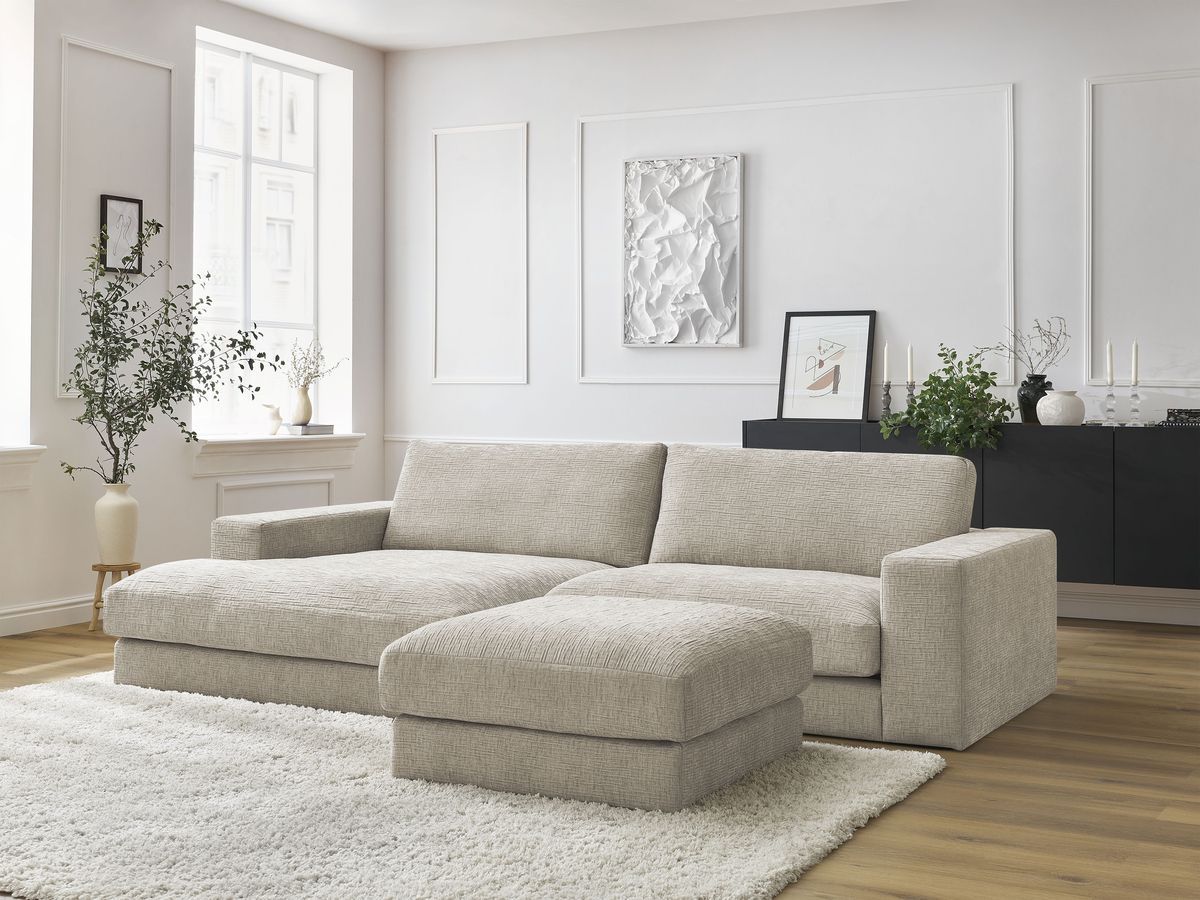 Canapé d'angle fixe LEONARD tissu texturé avec pouf beige angle gauche BOBOCHIC 5 places - Vue supplémentaire 3