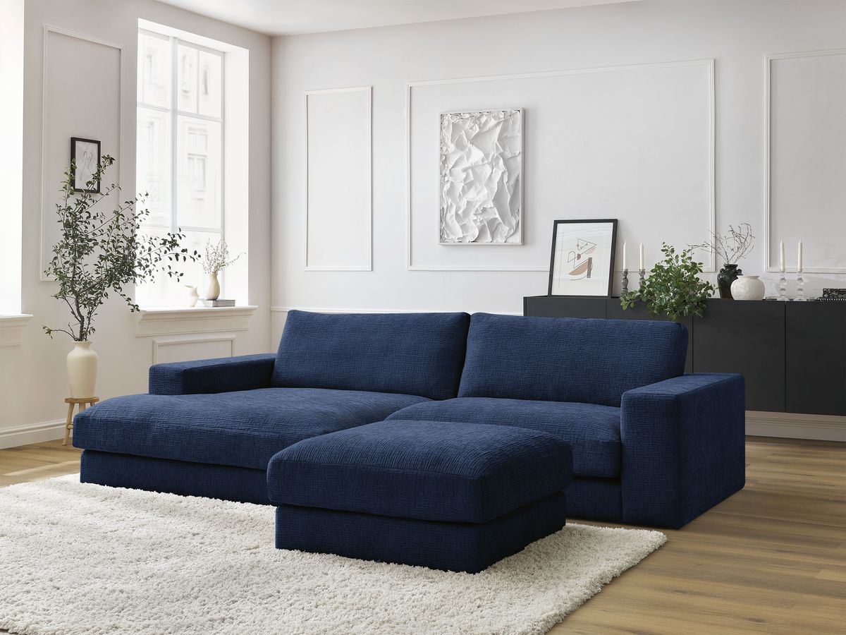 Canapé d'angle fixe LEONARD tissu texturé avec pouf bleu foncé angle gauche BOBOCHIC 5 places - Vue supplémentaire 3