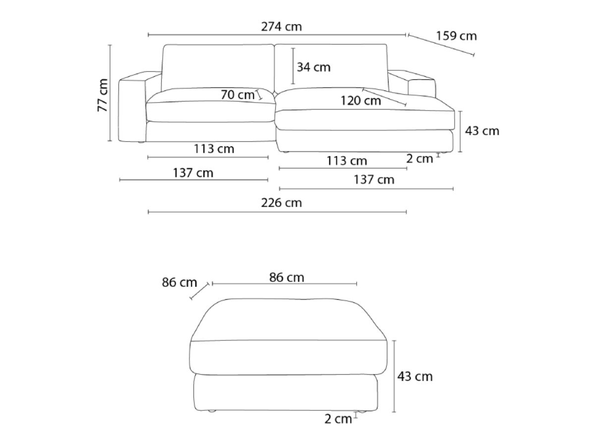 Canapé d'angle fixe LEONARD tissu texturé avec pouf