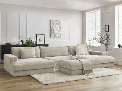 Canapé panoramique fixe LEONARD tissu texturé avec pouf