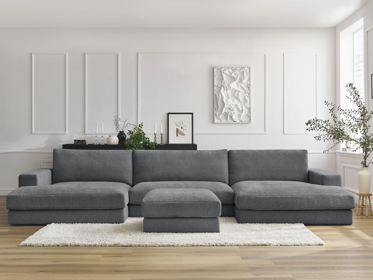 Canapé panoramique fixe LEONARD tissu texturé avec pouf