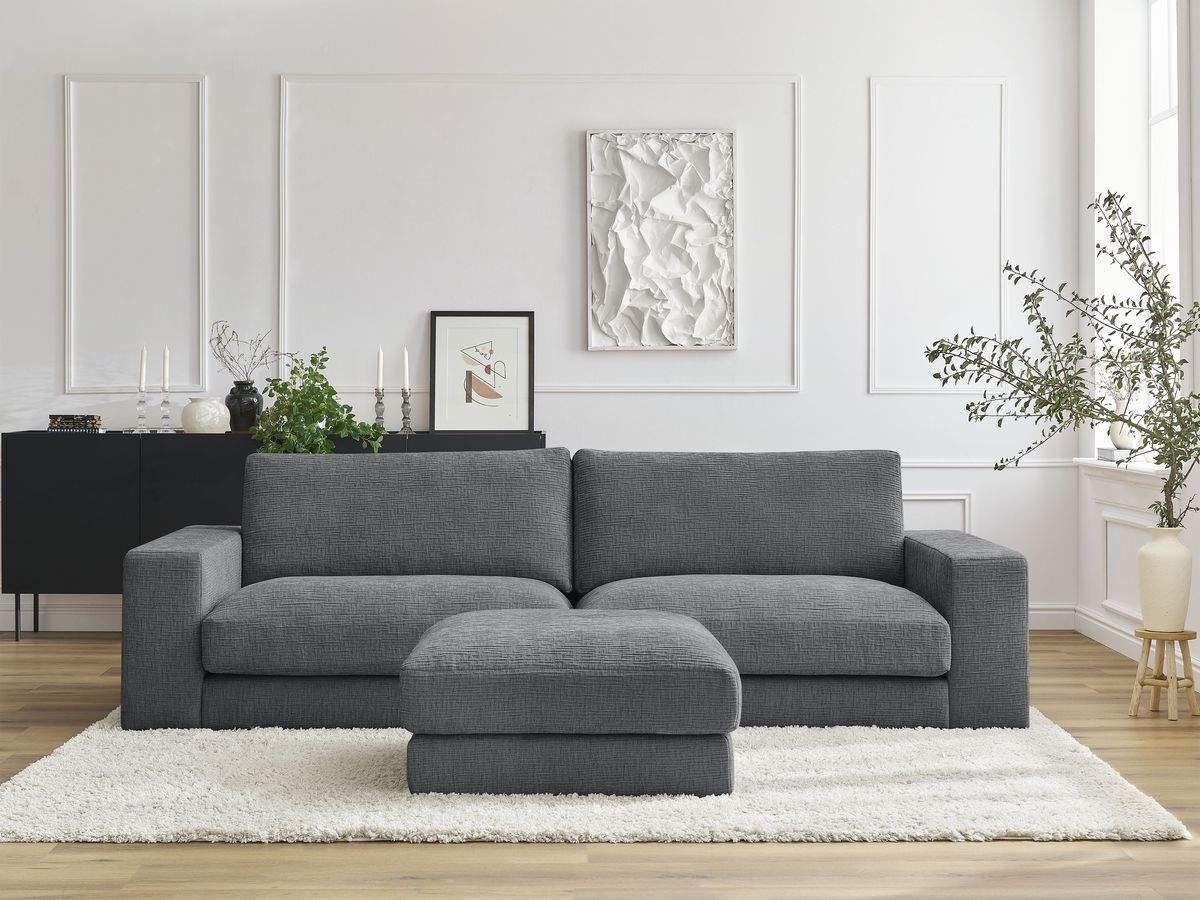 Canapé droit fixe 3 places LEONARD tissu texturé avec pouf gris foncé   BOBOCHIC - Vue supplémentaire 2
