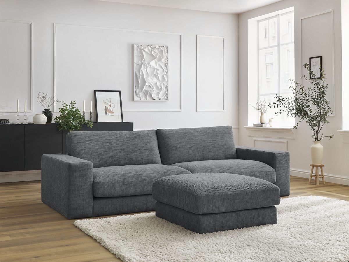 Canapé droit fixe 3 places LEONARD tissu texturé avec pouf gris foncé   BOBOCHIC - Vue supplémentaire 3