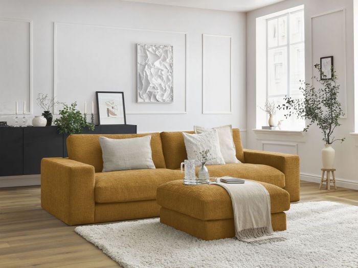 Canapé droit fixe 3 places LEONARD tissu texturé avec pouf