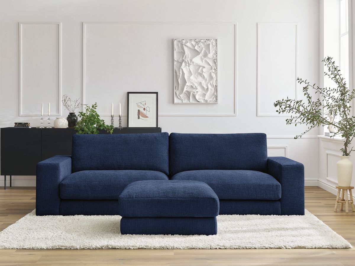 Canapé droit 3 places LEONARD texturé avec pouf bleu foncé — vue 4