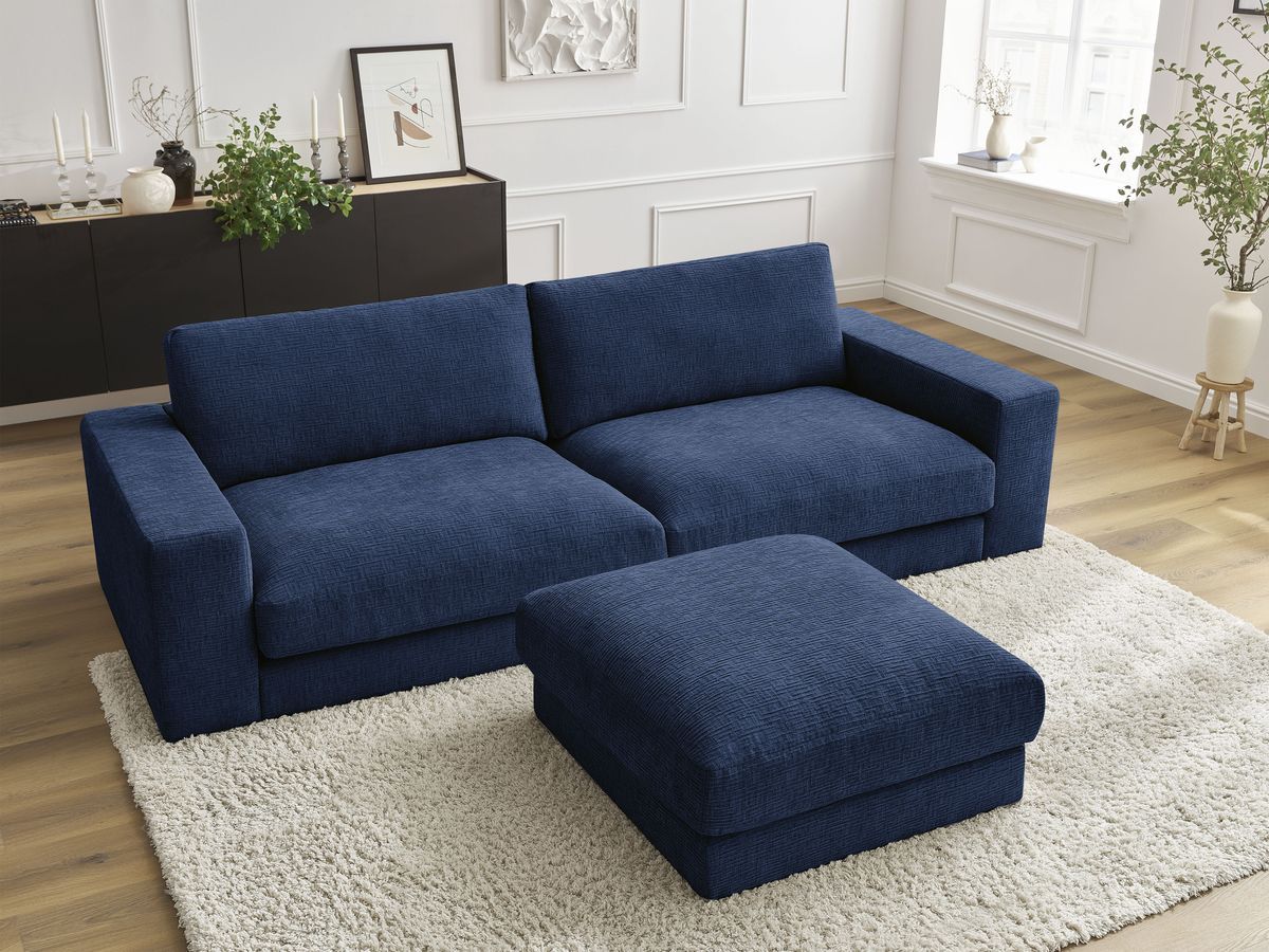 Canapé droit 3 places LEONARD texturé avec pouf bleu foncé — vue 6