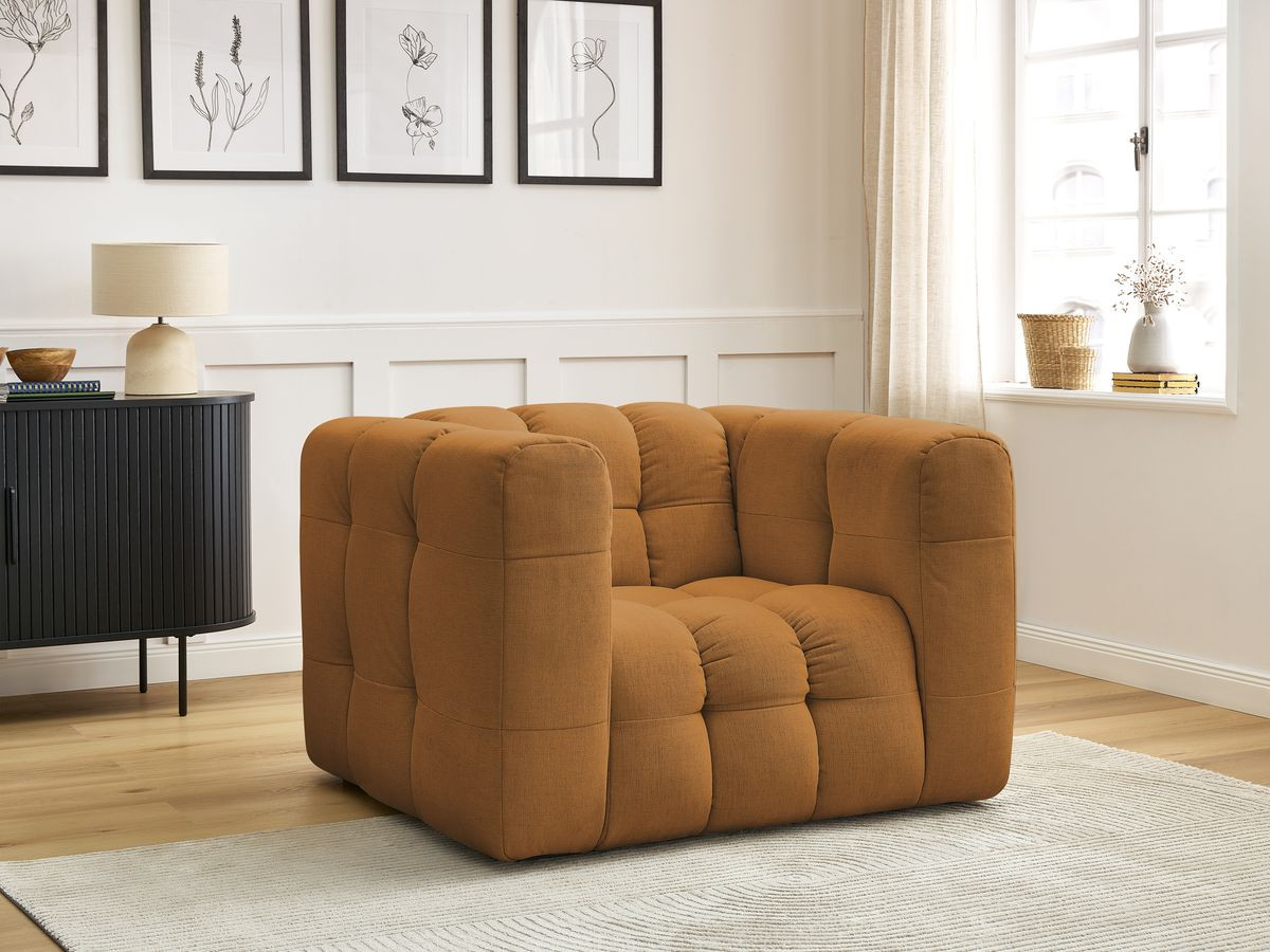 Canapé d'angle fixe EVEREST tissu chiné - Orange - Angle droit - 10 coussins