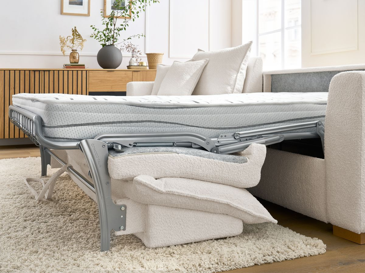 Canapé d'angle réversible convertible ouverture express AUGUSTIN tissu bouclette