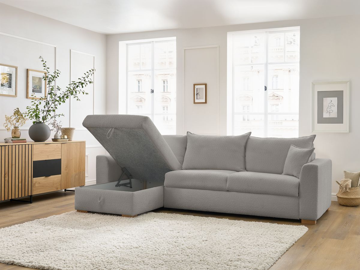 Canapé d'angle réversible convertible ouverture express AUGUSTIN tissu bouclette