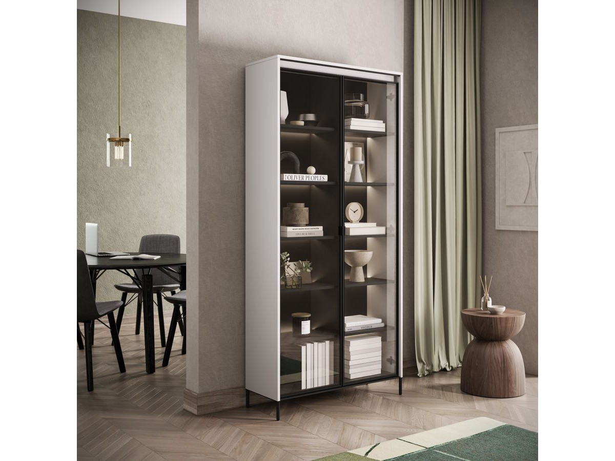 Meuble vitrine H.196 cm 2 portes vitrées LENARA avec LED blanc