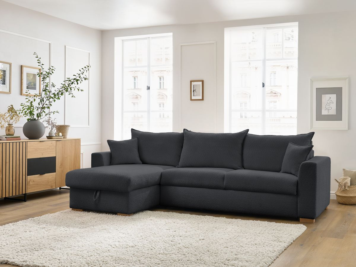 Canapé d'angle réversible convertible ouverture express AUGUSTIN tissu bouclette