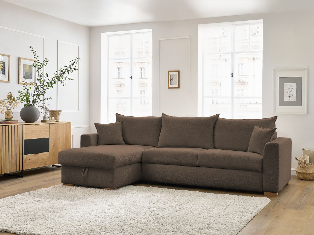 Canapé d'angle réversible convertible ouverture express AUGUSTIN tissu bouclette