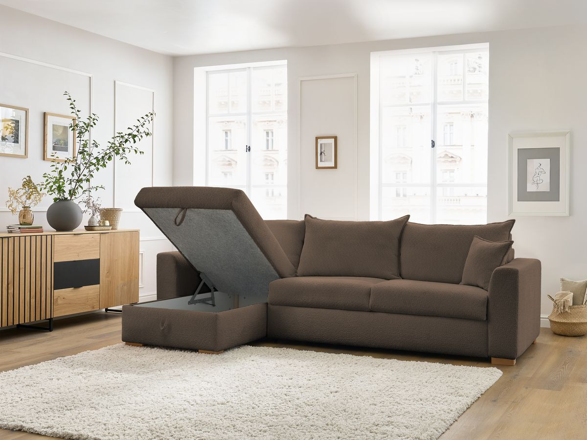 Canapé d'angle réversible convertible ouverture express AUGUSTIN tissu bouclette
