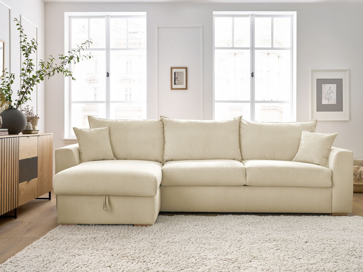 Canapé d'angle réversible convertible ouverture express AUGUSTIN velours côtelé beige 140x200 BOBOCHIC 3 places - Vue supplémentaire 3