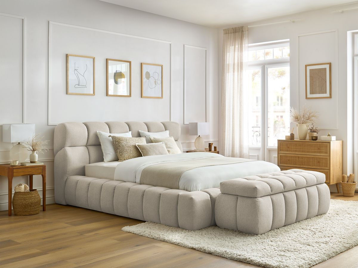 Lit coffre MONT-BLANC + Bout de lit MONT-BLANC chiné beige 140x190 + bout de lit