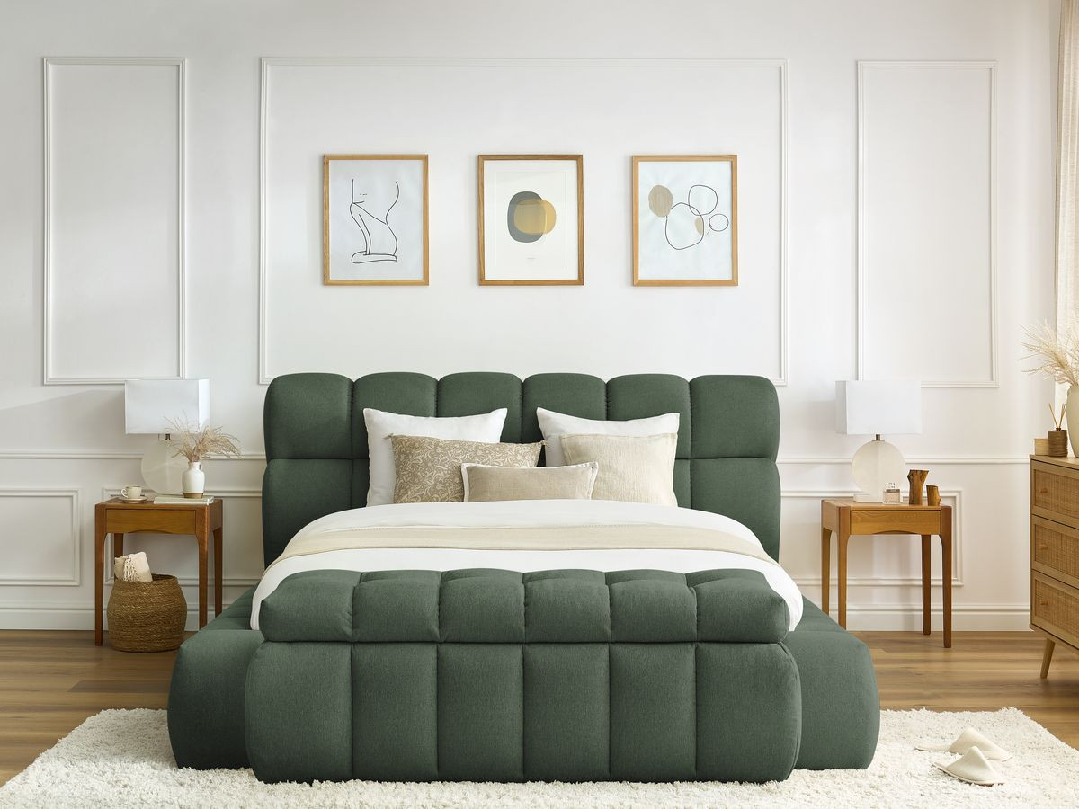 Lit coffre MONT-BLANC + Bout de lit MONT-BLANC chiné vert 140x190 + bout de lit — vue 5