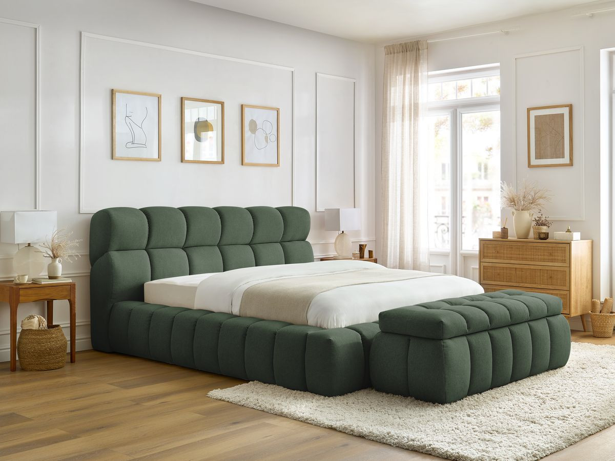 Lit coffre MONT-BLANC + Bout de lit MONT-BLANC chiné vert 140x190 + bout de lit — vue 6