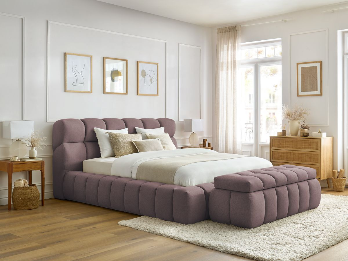 Lit coffre MONT-BLANC + Bout de lit MONT-BLANC chiné rose 140x190 + bout de lit