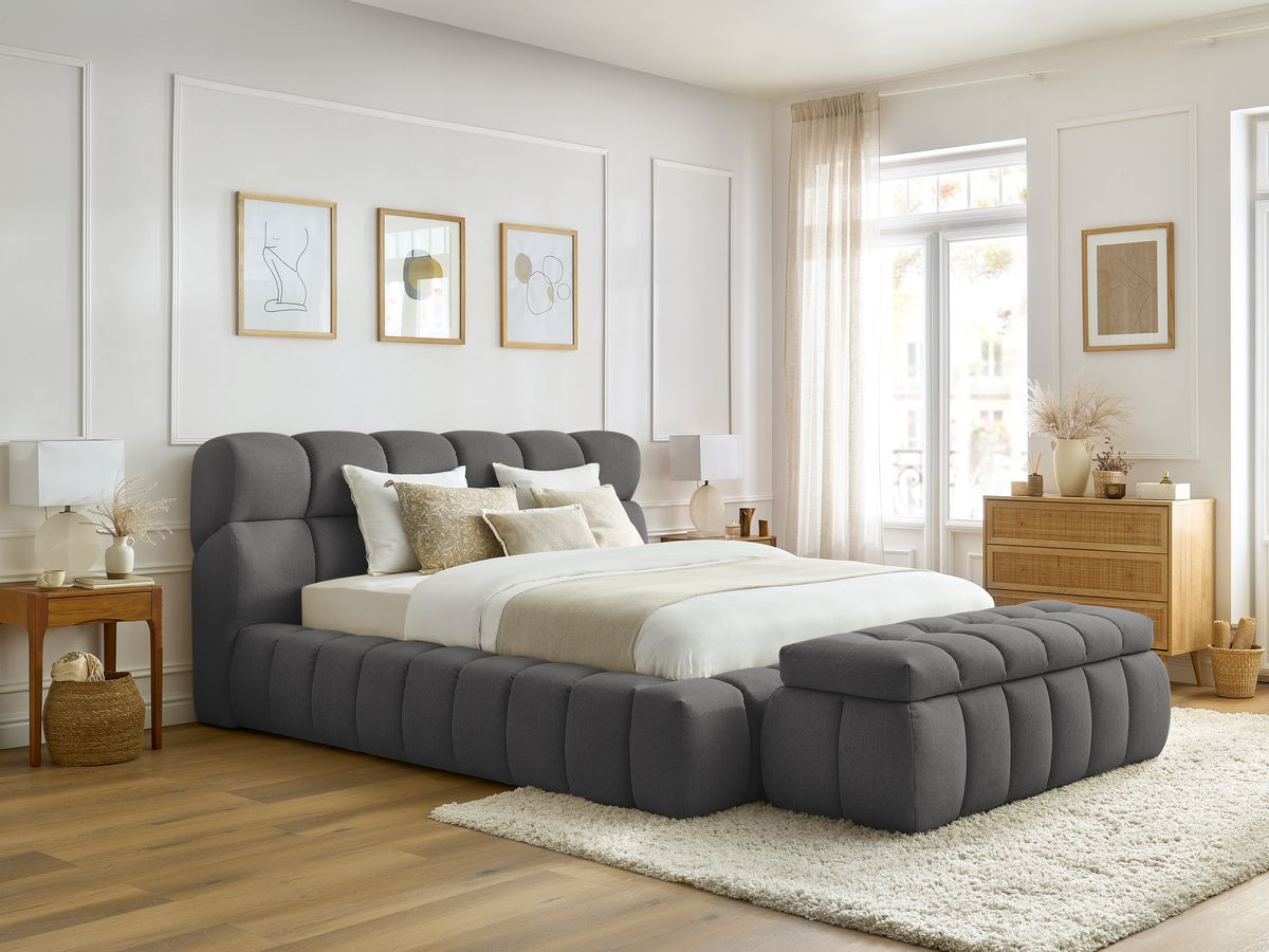 Lit coffre MONT-BLANC + Bout de lit MONT-BLANC chiné gris foncé 140x190 + bout de lit