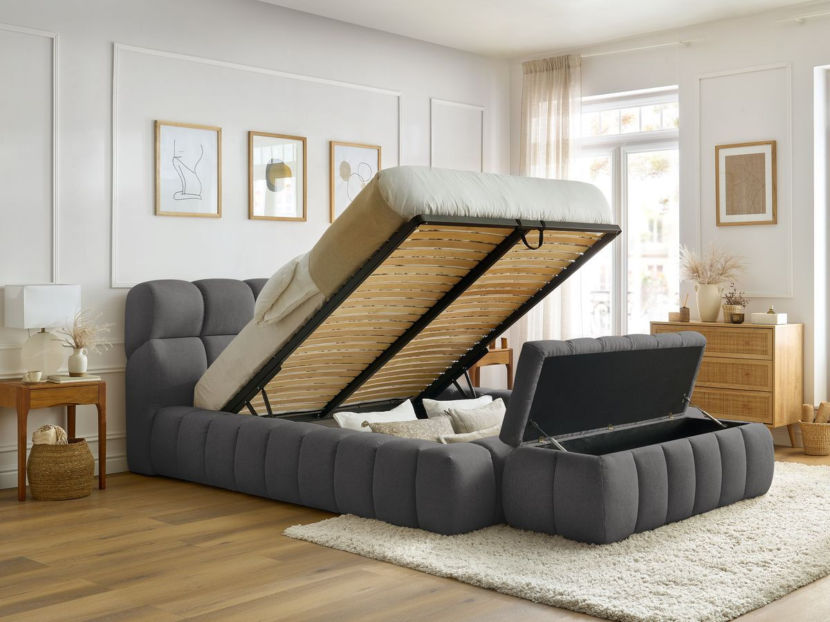 Lit coffre MONT-BLANC + Bout de lit MONT-BLANC chiné gris foncé 140x190 + bout de lit — vue 6