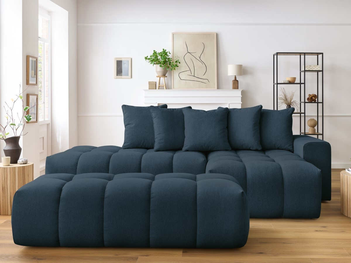 Canapé d'angle fixe MONT-BLANC tissu avec pouf bleu foncé  angle droit BOBOCHIC 4 places - Vue supplémentaire 3