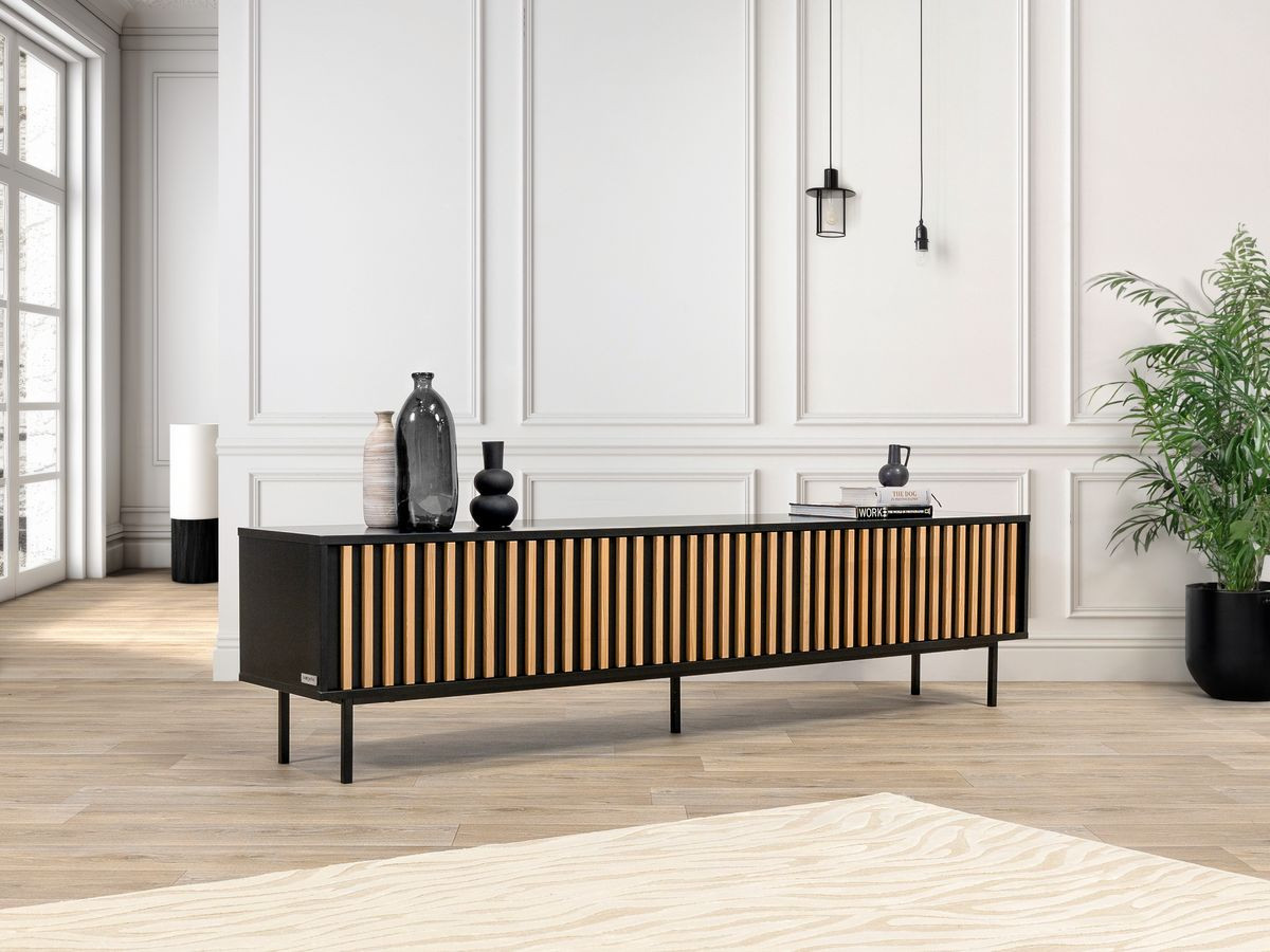 Meuble TV 5 portes 220 cm CORNEILLE tasseaux pin massif