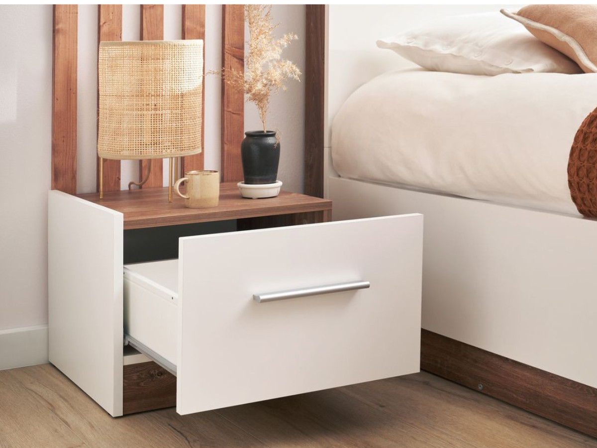 ZENITA nachtkastje met 1 lade in wit en eiken effect