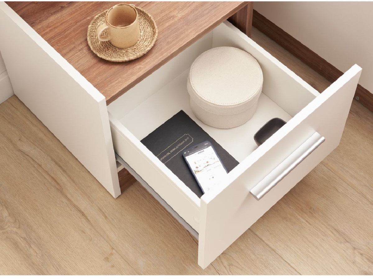 ZENITA nachtkastje met 1 lade in wit en eiken effect