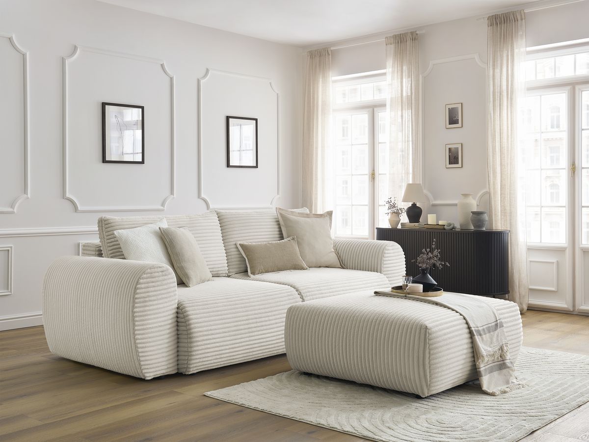 Canapé droit convertible coffre LUCIEN gros côtelé doux avec pouf