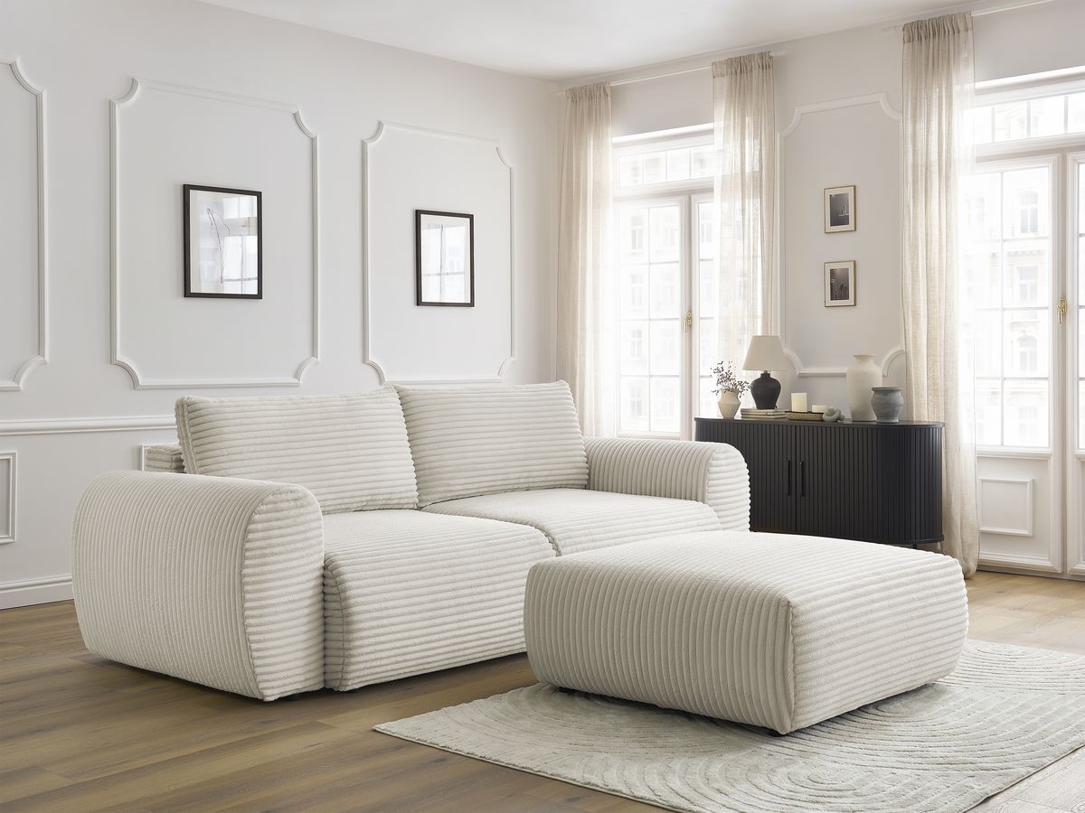 Canapé droit convertible coffre LUCIEN gros côtelé doux avec pouf