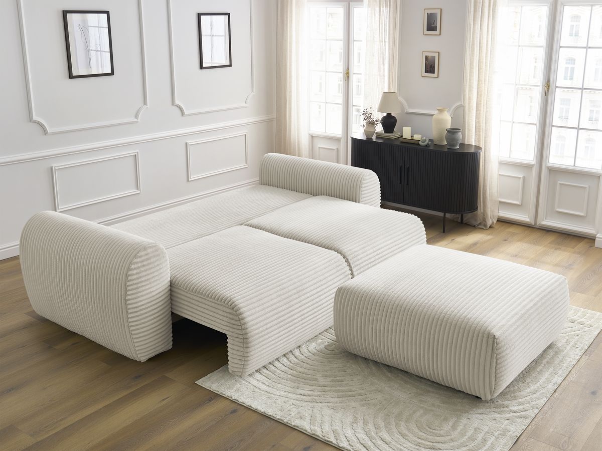 Canapé droit convertible coffre LUCIEN gros côtelé doux avec pouf
